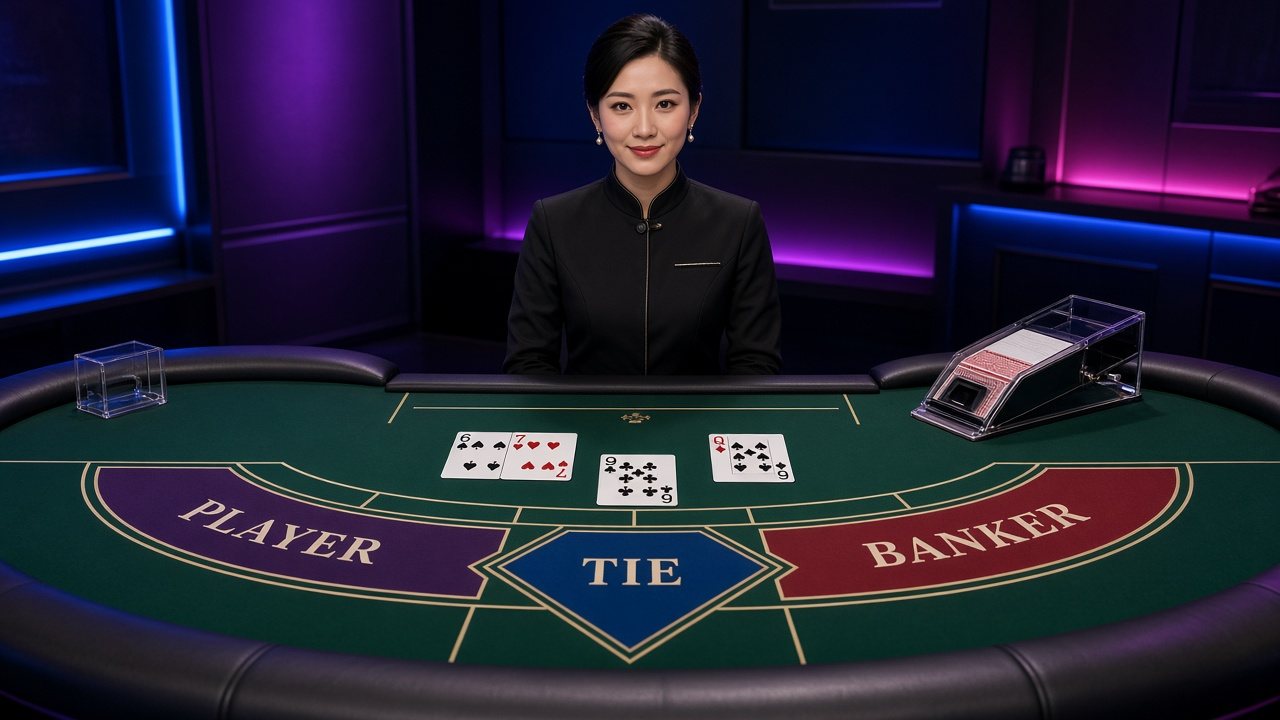 Live baccarat presenter at a table, filmed from the front and slightly above so the Player and Banker cards are visible