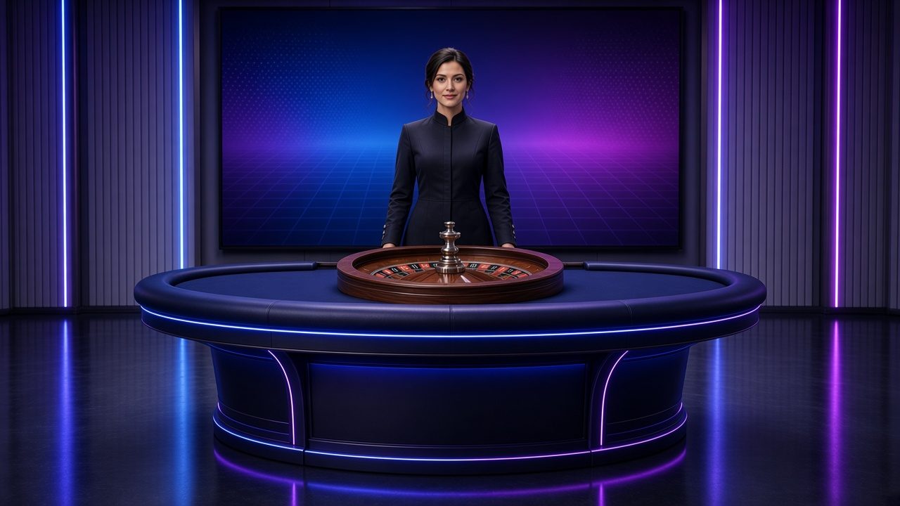 The same live roulette studio branded with FusionPlay Labs colours, lighting and logo